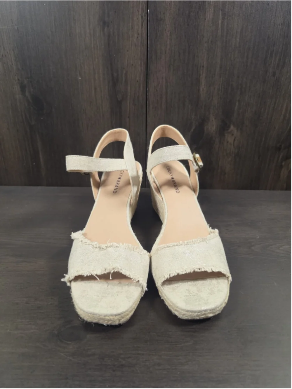 Lucky Brand Gold Beige Linen Wedge Espadrille Platform Sandals 10 M